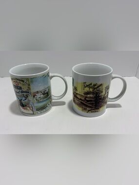 John Deere White Ceramic Mugs with Vintage Farm Illustration and Yellow Accent